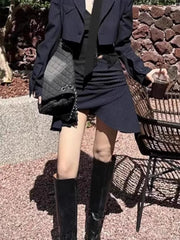 Lapel Neck Long Sleeve Striped Coat Women+ Sexy Slim Fit Irregular Strapless Vest+ High Waist Ruched Skirts Three Piece Sets