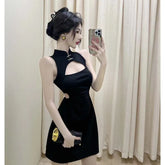 Summer Korean Style New Sweet Soft Girl Black Hollow Out Temperament A-line Loose Dress Slim Fit Cheongsam Trendy Clothes SYU6