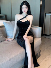 2025 Summer New Women's Sexy Spicy Girl Style Oblique Shoulder Leopard Pattern Side Split Slim Wrap buttocks Long Dress YNJY