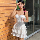 Frill Floral Dress For Women Fashion Backless One-shoulder Splice Strapless Slim Birthday Party Sweet Short Dress Female