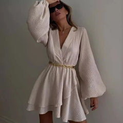 Elegant Chiffon V-neck Ruffle Dress For Women High Waist Irregular Solid Color Short Dress Long Sleeve Party Female Dress