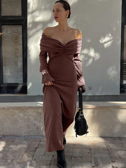 Elegant Brown Knitted Long Dress For Women One-shoulder Ruched Sexy Sweater Dress Slim Plunge Club Party Dress Female