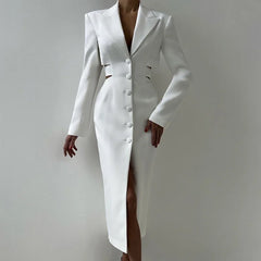 2025 New Hollow Waist Suit Dress Office Lady Single Breasted Midi Dress Lapel Solid Long Sleeve Elegant Female Dresses