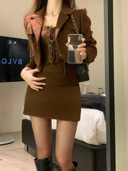 Elegant Fashion Long Sleeve Coat Women+ Sexy Slim Fit Camisole Tops+ Y2k High Waist Bodycon Skirts Sping New Three Piece Sets
