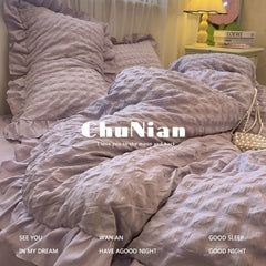 INS Princess Style Bedding Sets Ruffle Lace Bow Quilt Cover Romantic Bedclothes Decor Woman Girls Bedroom Duvet Cover 4pcs