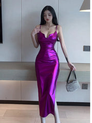 2025 Summer Women's New Temperament backless Leather Sexy Low cut Solid Color Slim Split Wrap buttocks sling Long Dress 3M2L