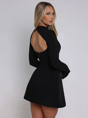 Elegant Long Sleeve Backless Mini Dress For Women O Neck High Waist A-line Club Party Sexy Bodycon Dress Solid Autumn New