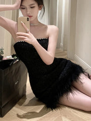 HotSweet Korean Sexy Club Strapless Tweed Short Dress For Women 2025 Summer Luxury Diamond Small Fragrant Evening Party Dress