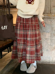 Red Plaid Mid Long Skirt Women Maxi Skirt 2023 Goth Lolita High Waisted Ladies Vintage Ruffle Pleated Skirts rok