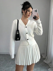Retro Knitted Long Sleeve Sweater High-Waisted Pleated Skirt Two Piece Set For Women Niche Solid Matching Sets Autumn New