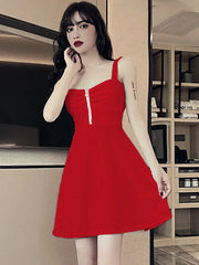 2025 New Sexy Dress Mesh Red Strap A-line Slim Fit Slim Ruffled Low Chest Zipper Korean Style Short Dress Women Charm PG9J