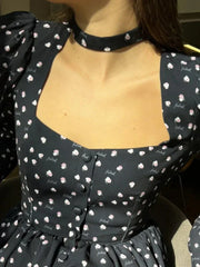 Folds Print Dress For Women 2025 Summer Casual Long Sleeve France Retro Dresses Femme Street Elegant Floral Dress Female