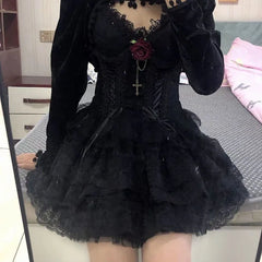 Elastic Gothic Ruched Lace Tutu Skirt Women Black Mesh Detail Petticoat Sexy Mini Tulle Skirts Party Club Wear Dancer