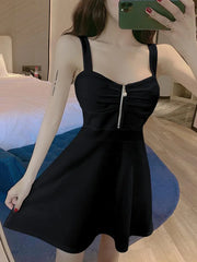2025 New Sexy Dress Mesh Red Strap A-line Slim Fit Slim Ruffled Low Chest Zipper Korean Style Short Dress Women Charm PG9J