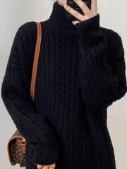 Knitted Long Dress Women Loose Long Sleeve Turtleneck Pullover Femme Retro Elegant Warm Sweater Womens Knitwear Cover Up