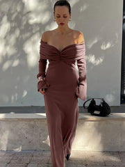 Elegant Brown Knitted Long Dress For Women One-shoulder Ruched Sexy Sweater Dress Slim Plunge Club Party Dress Female