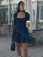 Folds Print Dress For Women 2025 Summer Casual Long Sleeve France Retro Dresses Femme Street Elegant Floral Dress Female