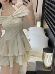 New Simple Slim Style Bow Tie Hanging Neck Cake Princess Solid Folds Short Women Sweet Off Shoulder Strap Bubble Dress I6JA