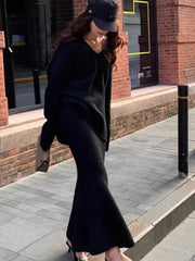 Korean Knitted 2-piece Skirt Set Women V-neck Pullover Sweater Fishtail Midi Skirt Casual Fashion Outfits Autumn Winter New