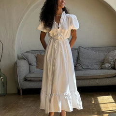 Leisure V-Neck Lace Up White Maxi Dress For Women Solid Color High Waisted Short Sleeves Ruched Patchwork Girdle Dress