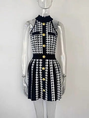 High Street Newest 2025 Fashion Elegant Houndstooth Knitted Dress For Women Sleeveless Sexy Summer Dress Casual Party Dresses