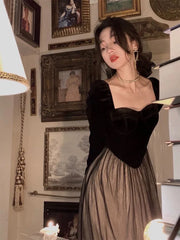 French Vintage Evening Party Dresses for Women Long Sleeve Velvet Patchwork Mesh A-line Autumn New One Piece Midi Vestidos Mujer