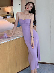 2025 Summer Women's clothing gentle Sweet chest Fold Fashion Slim Side Split Sling Wrap buttocks Wrap buttocks Long Dress T0E2