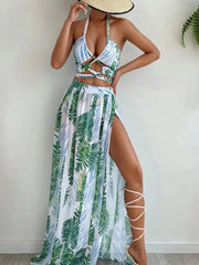 2025 Halter Criss Cross Bikini Tropical Print Swimsuit & Beach Dress 3 Piece Sexy Swimwear Women Bathing Suit Beachwear Summer