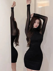 Autumn New American Style Temperament Mesh Long-sleeved Patchwork Slim Dress Sexy Black Dress V-Neck Mysterious Maturity NIHW