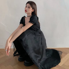 harajuku black tulle puff sleeves dress woman french slim fit square collar asymmetrical dresses female summer party belt dress