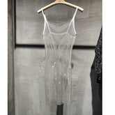 Mesh Rhinestone Hollow Dress For Women Sexy See Through Sleeveless Dresses Club Party Temperament Vestido De Mujer