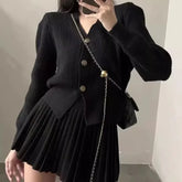 Retro Knitted Long Sleeve Sweater High-Waisted Pleated Skirt Two Piece Set For Women Niche Solid Matching Sets Autumn New