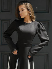 Elegant Contrasting Color Long Dress For Women Lace Up Long Sleeve Slim Party Dresses Female Patchwork Outfit 2025 Autumn