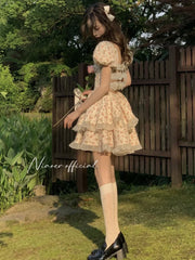French Fashion Sweet Boat Neck Fragmented Flower Bubble Sleeve Dress Summer New Open Back Hollow Bow Slim Fit Design Skirt OUC5