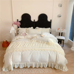 4Pcs Korean Princess Style Flowers Lace Ruffles Bedding Set Queen King Duvet Cover Bed Skirt/Bed Sheet/Fitted Sheet Pillowcase
