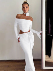 Flower Bodycon Skirt Sets Women Slim Sexy Backless Lace Up Tops Women's Party Elegant Dress 2 Piece Womens Suits Outfits