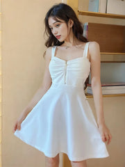 2025 New Sexy Dress Mesh Red Strap A-line Slim Fit Slim Ruffled Low Chest Zipper Korean Style Short Dress Women Charm PG9J