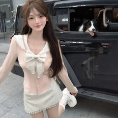 Fashion Sweet Bow Slim Fit Long Sleeve Tops Women+ Y2k High Waist Lace Bodycon Skirts 2024 Autumn New Two Piece Sets