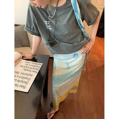 Harajuku Street Print Skirt for Women Y2k E-Girl High Waist Split Straight Skirts 2024 Summer New Mid-length Faldas Mujer