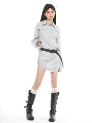 Blue Gray Stripe Shirt Dress Sexy Lapel Long Sleeve Irregular Skirt for Women Fashion Slim Fit Office Lady Mini Dresses