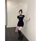 Korean Style Sexy Slim Fit Mesh Patchwork Round Neck Knitted Dress Elegant Summer New Soft Girl Waist Wrap Hip Short Skirt W2JS