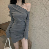 Spring New Off-shoulder Sexy Style Slim Bag Hip Short Slim Fit Black Dress Trendy Diagonal Collar Lace Up Solid Folds Cool 36BI