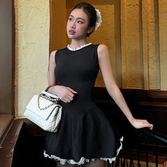 Splice Lace Mini Dress For Women High Waisted Slim Folds A-Line Hem Dresses Sleeveless Elegant Evening Party Dress Lady