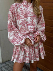 Retro Print Folds Dress Women Elegant Lace Up Long Sleeve Ruffle Dresses Female High Street Fashion Bandage Dress Woman