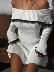 Knit Off-Shoulder Sweater Mini Dress Women's Lace Patchwork Ribbed Slim Backless Elegant Party Dress Knitwear Dress New