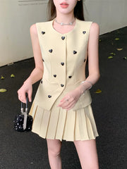 High Quality Korean Elegant Fashion OL 2 Piece Set Women Blazer Vest Top + Pleated Skirt Two Piece Suits Small Fragrance Outfit