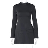 Elegant Long Sleeve Slim Mini Dress For Women A-Line High Waist Two Pockets Solid Autumn Winter New Party Dress Female