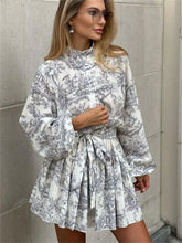 Retro Print Folds Dress Women Elegant Lace Up Long Sleeve Ruffle Dresses Female High Street Fashion Bandage Dress Woman