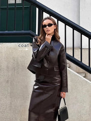 New Ins Burgundy Pu Leather Long Sleeve Jacket Button Hip Skirt Suits Women 2024 New Solid Outfits Female Vintage 2 Piece Set