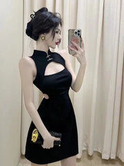 Summer Korean Style New Sweet Soft Girl Black Hollow Out Temperament A-line Loose Dress Slim Fit Cheongsam Trendy Clothes SYU6